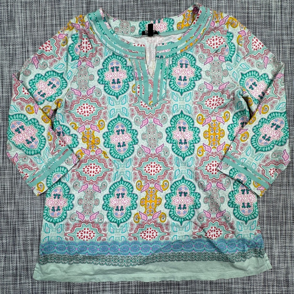 Talbots Womens Large Paisley Split Neck 3/4 Sleeve Pima Cotton Modal Top Teal